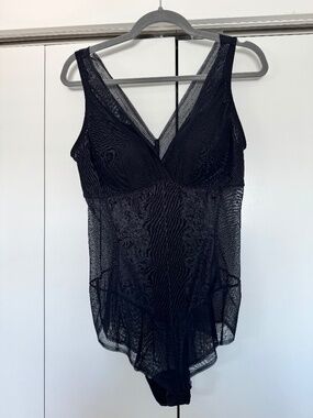Understance Black Sheer Swiss Dot & Floral Lace Shaper Bodysuit Teddy Size XXL